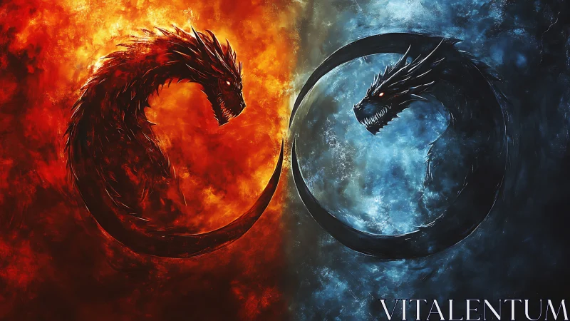 Twin elemental dragons circling fire and ice in balance.