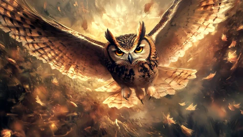 Majestic owl in flight with autumn leaves, digital fantasy art.