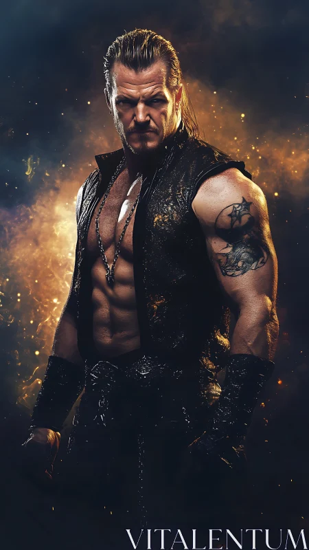 Warrior stands in fiery haze with intense, battle-ready stare.