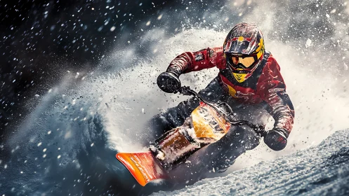Snowbike rider carves high-speed turn through powder spray
