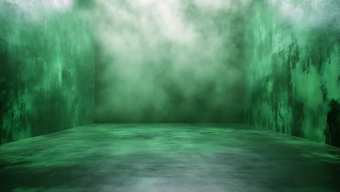 Emerald fog fills a textured, futuristic green room.