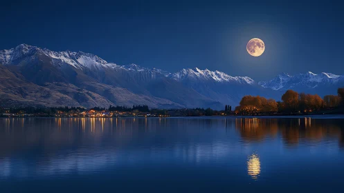 Moonlit mountain hush over ember-lit lakeside townscape.