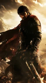 Armored swordsman in backlit battlefield haze with dynamic cape motion