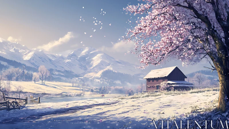 Snowy mountain farm under blooming cherry sunrise glow.