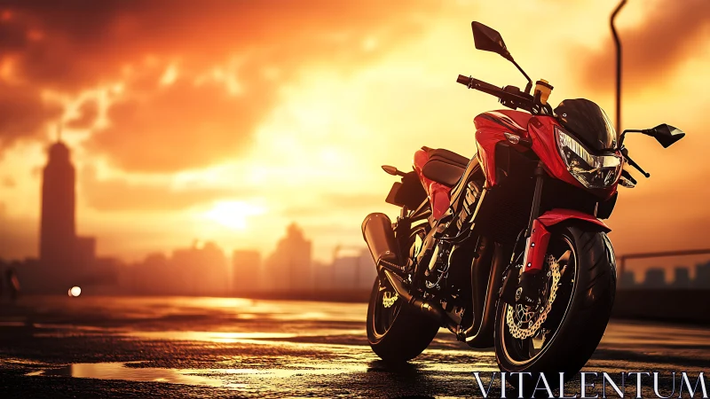 Sunset street warrior idle on a glowing rooftop highway.