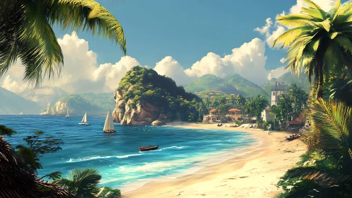 Tropical Coastal Settlement with Rocky Island Formation.