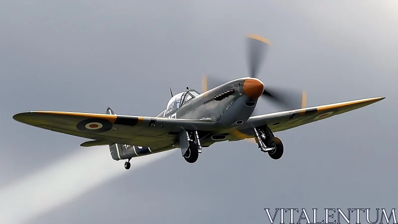 Historic propeller warplane soars steadily through grey sky