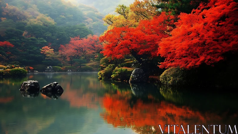 Fiery autumn maples glow over a tranquil reflective lake