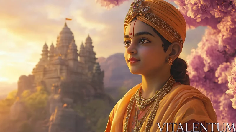 Golden-robed child saint among temples and twilight blooms.