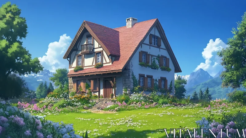 Sunny alpine cottage stands amid a lush flower meadow.
