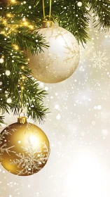 Golden Christmas baubles glow softly on a snowy tree