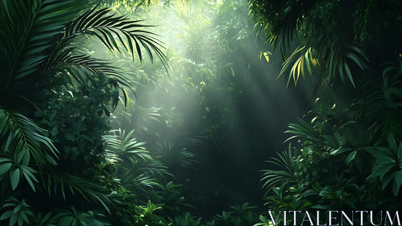 Dense Jungle Canopy With Ethereal Light Rays Penetrating Verdant Foliage.