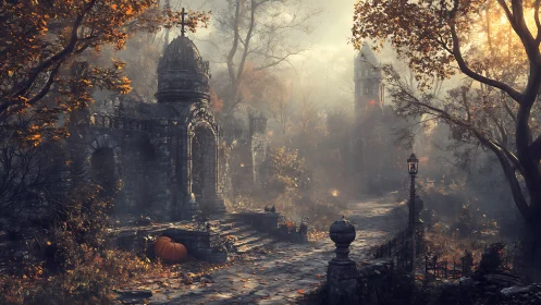 Fog-draped gothic path winding toward a haunted stone tower.