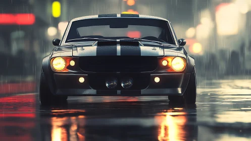Muscle car front view in cinematic rainy neon streetscape.