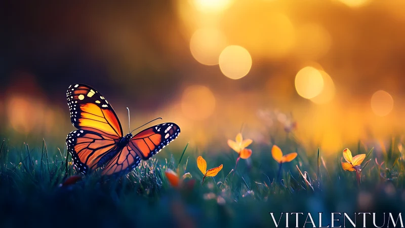 Monarch butterfly rests in glowing sunset meadow bokeh