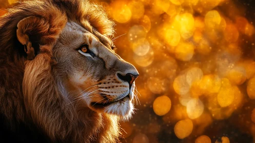 Side-profile lion portrait against golden bokeh background