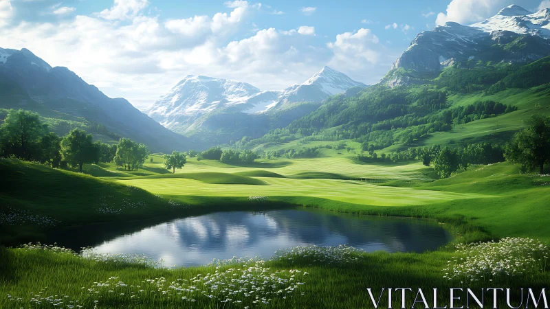 Mountain valley golf landscape with pond and snow peaks.