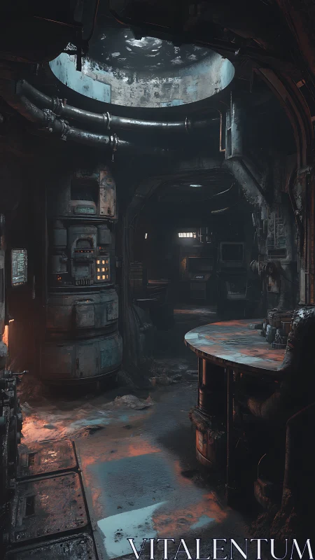 Rustic sci fi maintenance bay with worn control station.