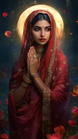 Woman in red saree before full moon with folded hands.