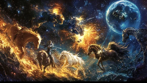 Mythic celestial horses charge through blazing starlit void