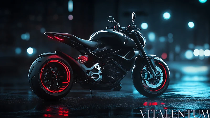 Neo-noir sport motorcycle with cyan-red rim illumination.
