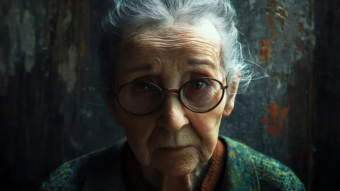 Elderly woman portrait under soft chiaroscuro lighting focus.