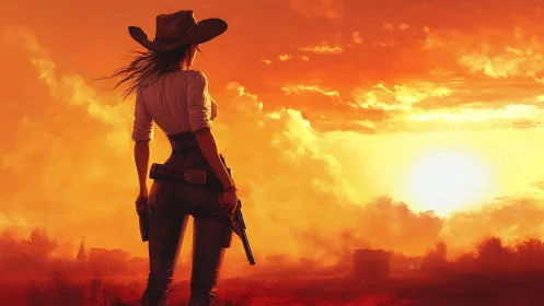 Cowboy figure stands against orange sky at low sunset