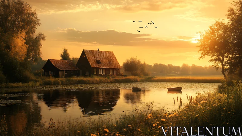 Riverside wooden houses at sunset with small rowboats present.