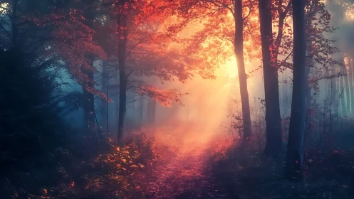 Sunset Pathway Through Misty Forest with Golden Light