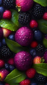 Vivid berries and plums with dewy leaves in tight macro frame.