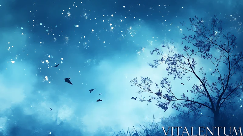 Night sky shows silhouetted tree and birds in blue mist