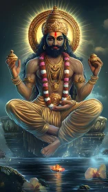 Seated four-armed deity figure levitates above reflective water