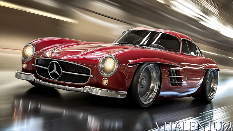 Red classic Mercedes coupe racing in illuminated tunnel environment