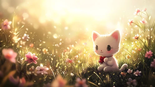 Luminous Feline in Floral Meadow: Digital 3D Illustration.
