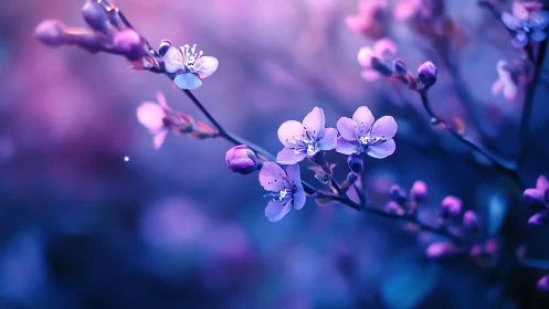 Twilight blossoms dance through hazy purple dreamscape