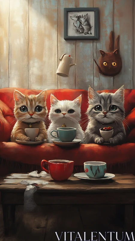 Three Cats on Red Sofa with Beverages in Vintage Interior.
