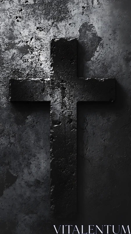 Black textured cross on rough concrete wall background.
