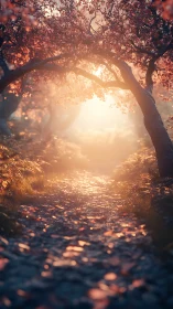 Golden Hour Tree Tunnel: Sunlit Path Through Backlighting Foliage