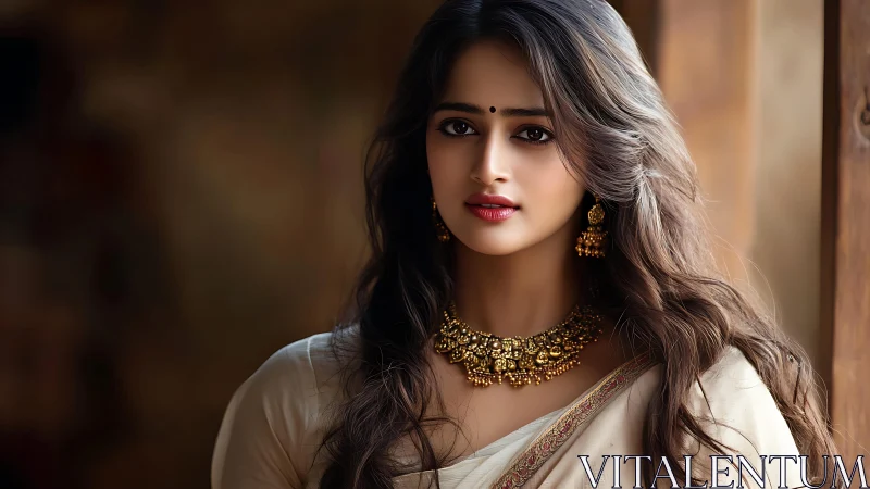 Graceful woman in saree with ornate gold jewelry portrait.