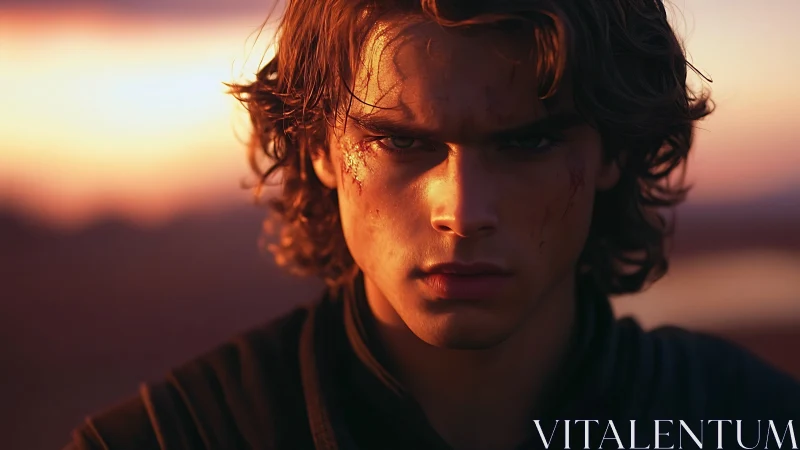 Sunset carves a battle-worn resolve across his stare