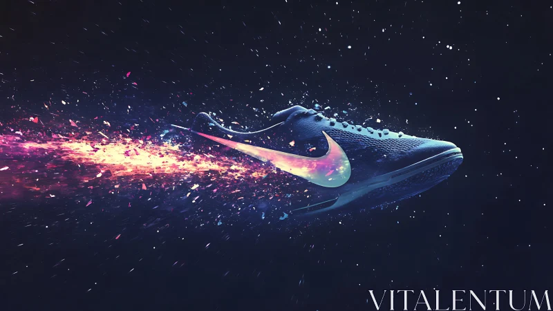 Athletic running shoe streaks through cosmic particle field