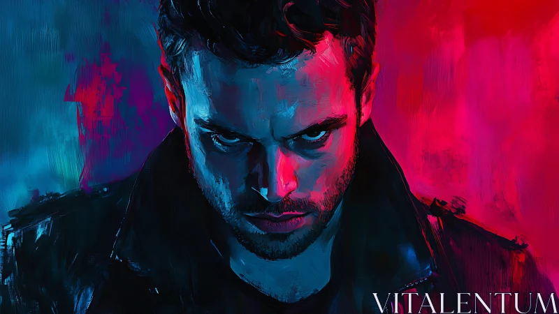 Brooding man in neon light stares with intense focus