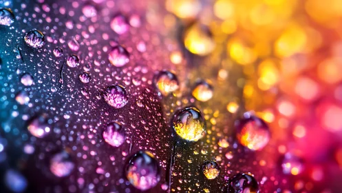 Prismatic raindrops waltz across neon twilight glass.