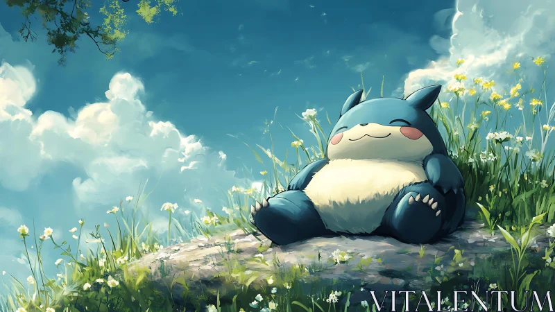 Cartoon creature naps on grassy hill under bright sky