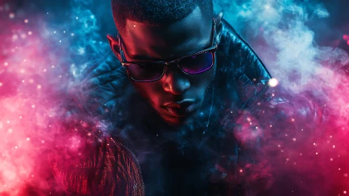 Neon-lit portrait in magenta and cyan vapor haze.