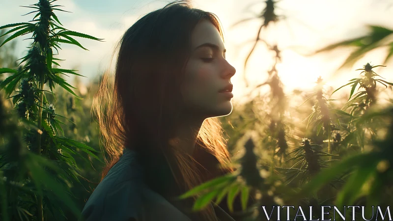 Young Woman in Cannabis Field at Sunset, Tranquil Natural Portrait.