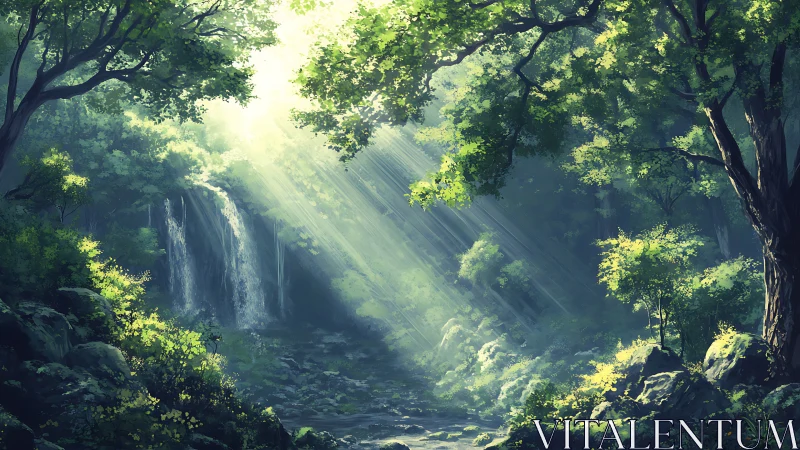 Luminous Forest Cascade with Volumetric Light Rays Penetrating Dense Foliage.