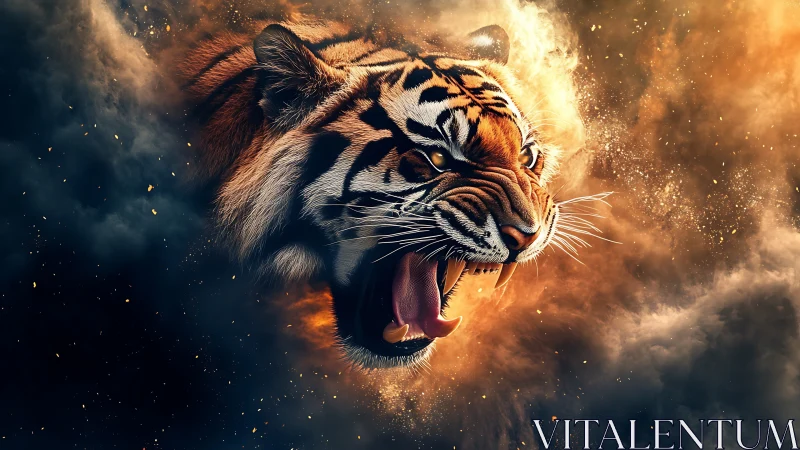 Roaring tiger emerging through cinematic ember-filled smoke.