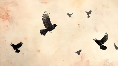 Silhouetted Birds in Flight on Vintage Textured Background.