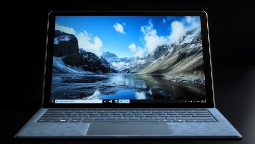 High contrast tablet-laptop hybrid with vivid alpine landscape